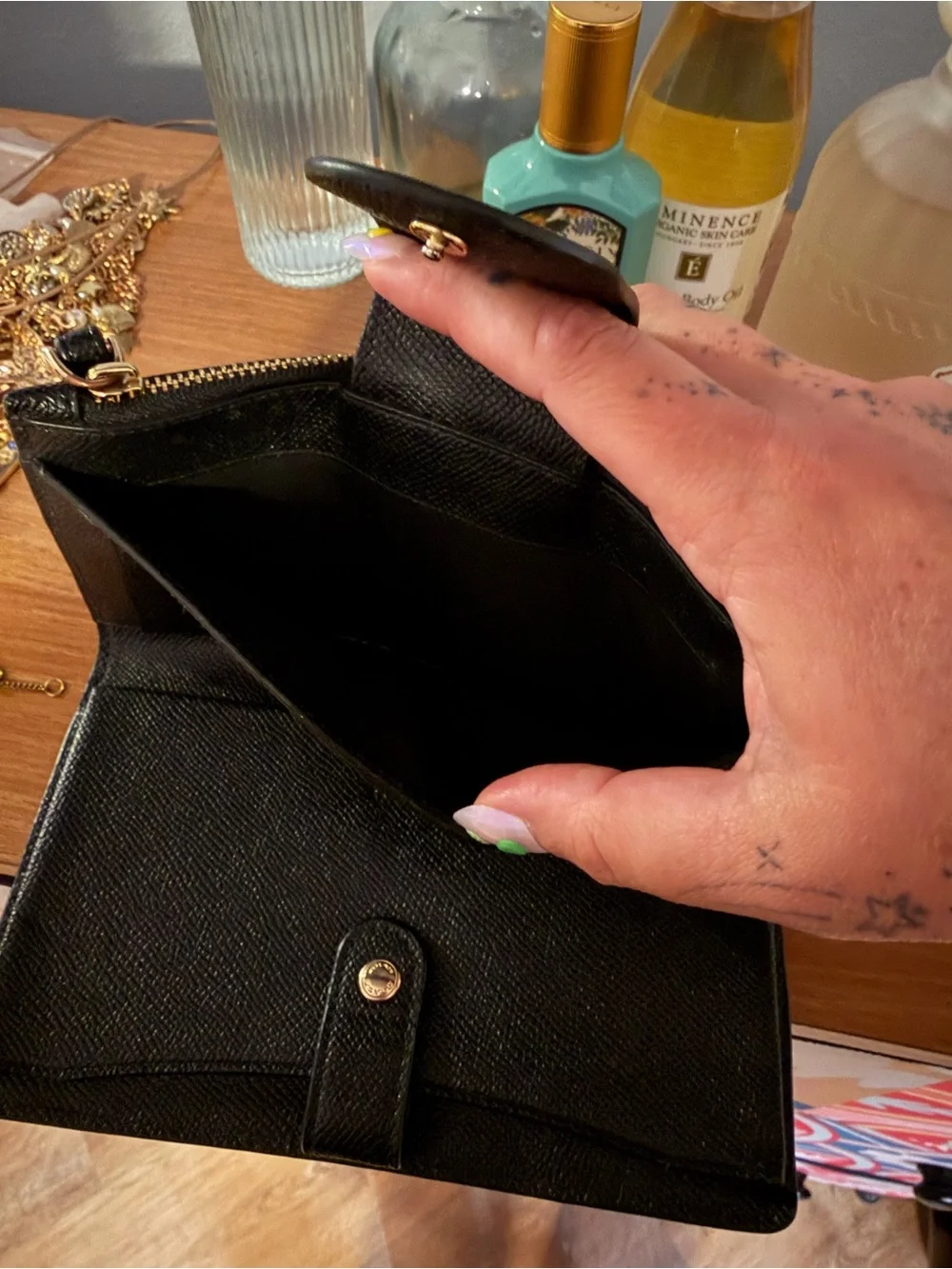 Coach Black Pebbled Leather Wristlet Wallet with Gold Logo Accent